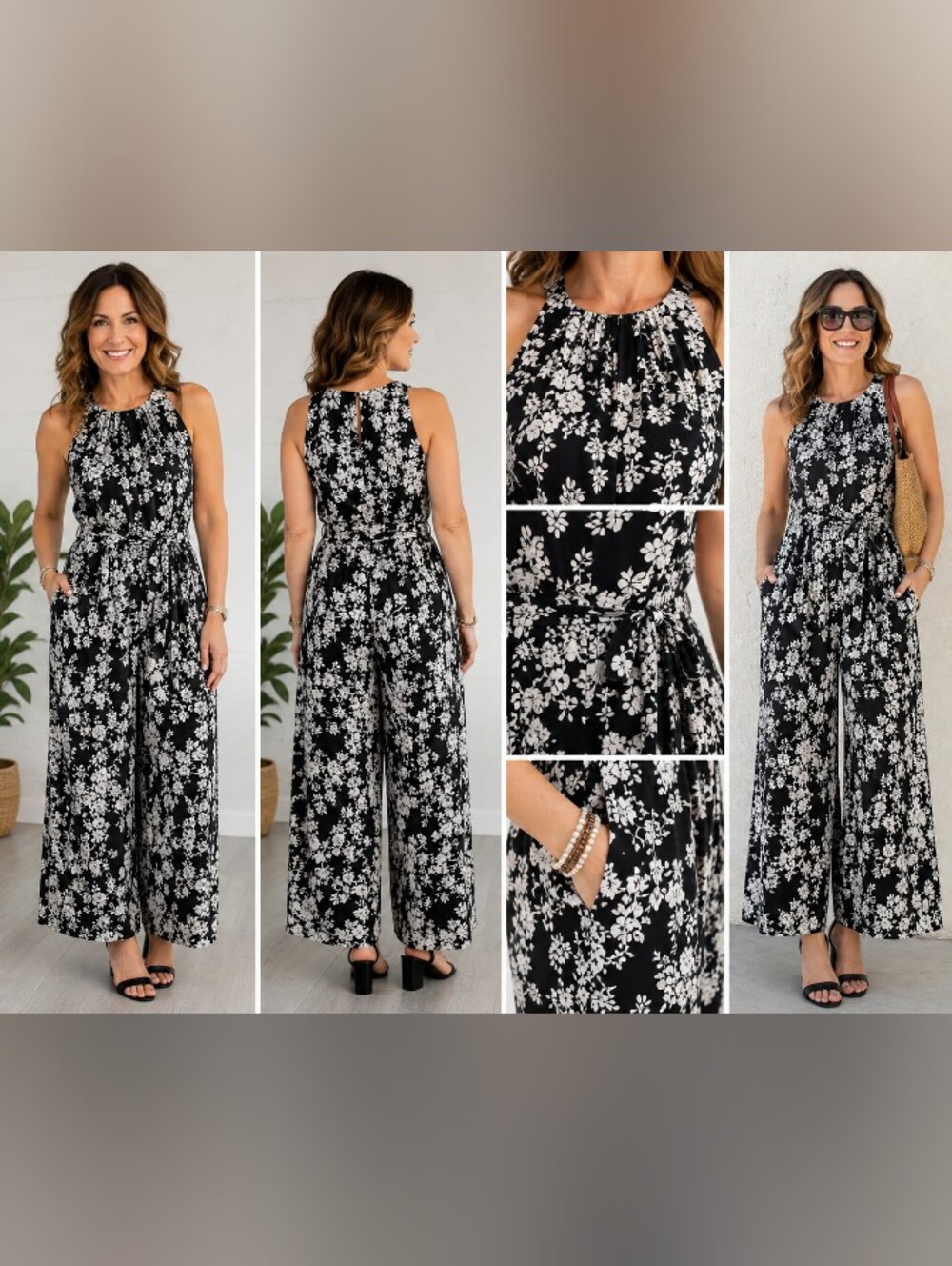 London Times NWT Black White Floral Wide Leg Jumpsuit Sleeveless Tie Waist